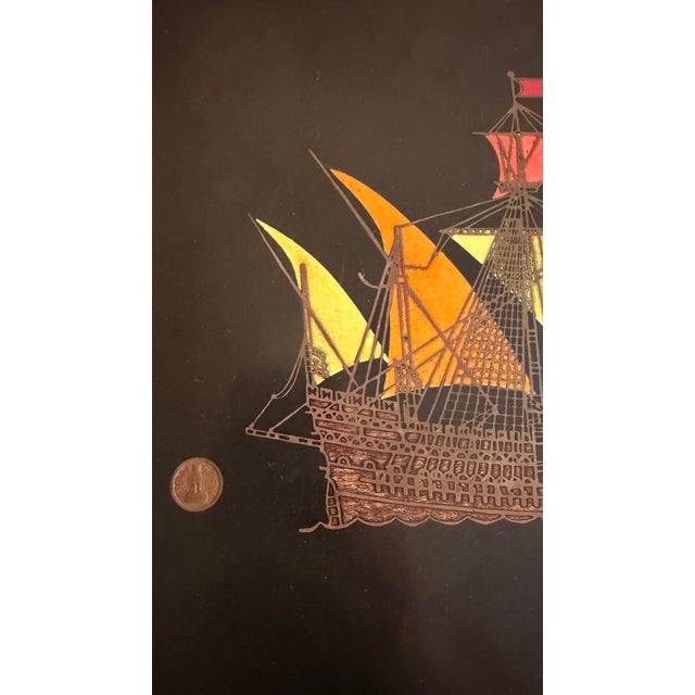 1960s Vintage Mid-Century Modern Couroc of Monterey Sailing Ship W/Inlaid Coins Bar Serving Tray For Sale - Image 5 of 9