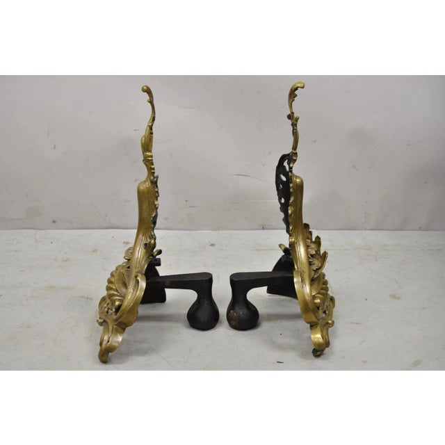 Metal Vintage French Rococo Bronze Acanthus Leafy Scroll Fireplace Andirons - A Pair For Sale - Image 7 of 11
