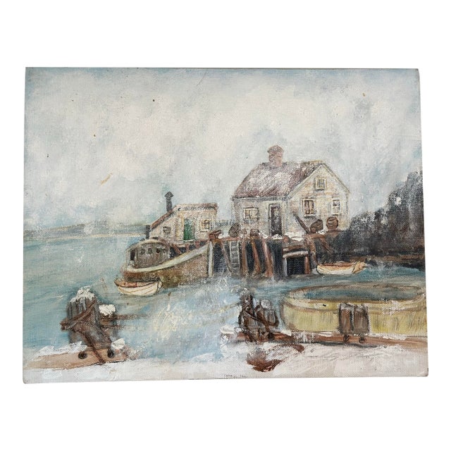 Vintage Coastal Oil on Board Painting For Sale