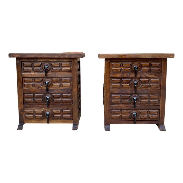 Spanish Nightstands with Four Drawers and Iron Hardware, 1950s, Set of 2 For Sale