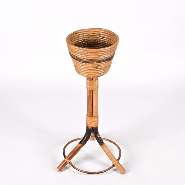 Tan Mid-Century Italian Round Bamboo Cane and Rattan Plant Holder, 1950s For Sale - Image 8 of 18