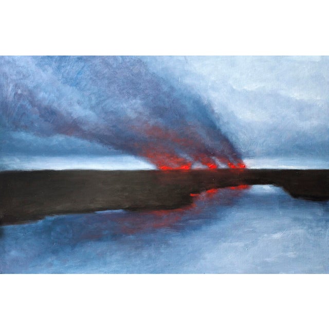 In this Life by Daliah Ammar | Oil on canvas Landscape with smoke and reflections in water For Sale