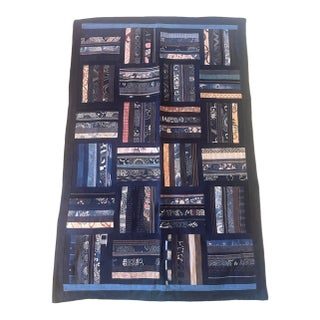 Breathtaking Vintage Indigo Asian Art Quilt Made With Antique Fabric For Sale