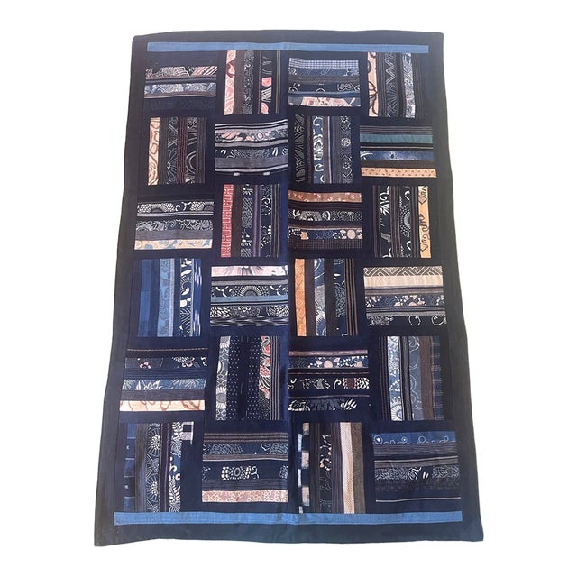 Breathtaking Vintage Indigo Asian Art Quilt Made With Antique Fabric For Sale