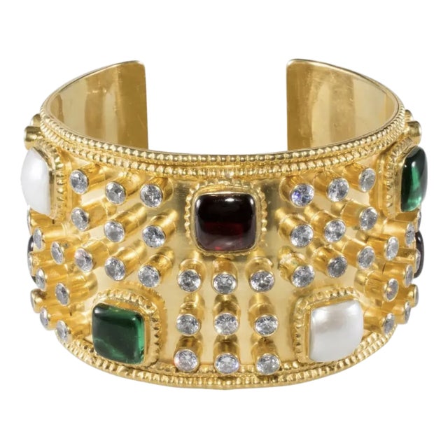 Vintage Chanel Cuff Bracelet Gold-Plated With Gripoix Glass Stones For Sale