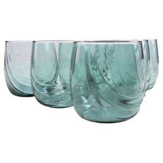 1970s Green Gilded Top Tumbler Glasses - qSet of 6 For Sale