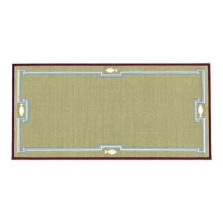 Handmade Cotton Dhurrie Runner, Olive Green and Wine Border Fish Patterned Runner Rug- 4'x10' For Sale