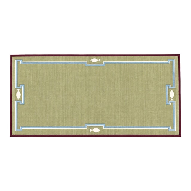 Handmade Cotton Dhurrie Runner, Olive Green and Wine Border Fish Patterned Runner Rug- 4'x10' For Sale