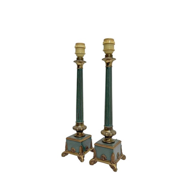 Empire Style Green Metal and Brass Table Lamps, 1960s, Set of 2 For Sale - Image 9 of 10
