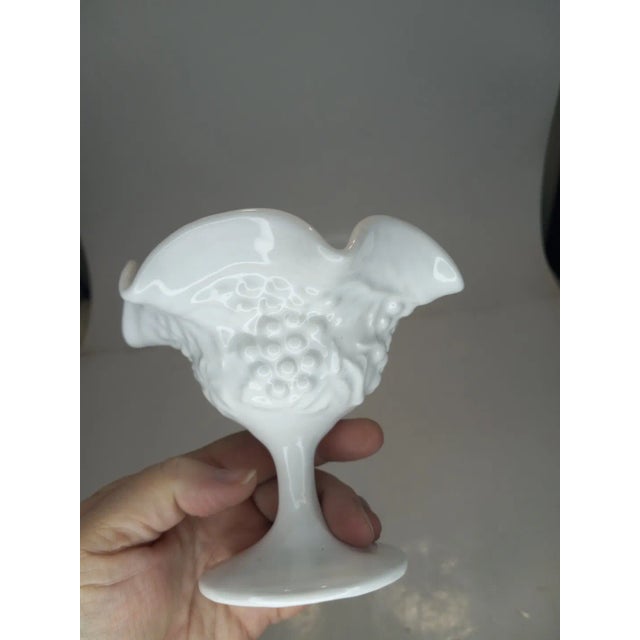 American 1950s Indiana Milk Glass Ruffled Grape and Leaves Small Compote Sundae Dish For Sale - Image 3 of 7