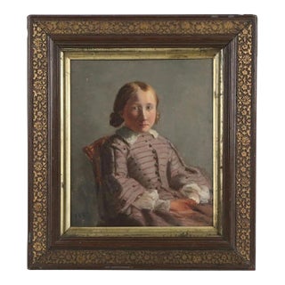 Charles Mercier (French 1832 - 1909) Oil Painting on Board - Portrait of a Girl in Gray Silk Dress Dated 1857. For Sale