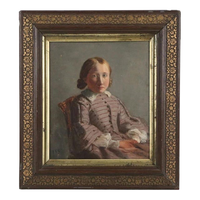 Charles Mercier (French 1832 - 1909) Oil Painting on Board - Portrait of a Girl in Gray Silk Dress Dated 1857. For Sale