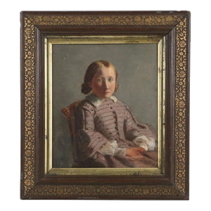 Charles Mercier (French 1832 - 1909) Oil Painting on Board - Portrait of a Girl in Gray Silk Dress Dated 1857.