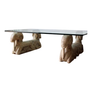 1950s Hollywood Regency Large Carved Wood Rams Glass Top Coffee Table For Sale