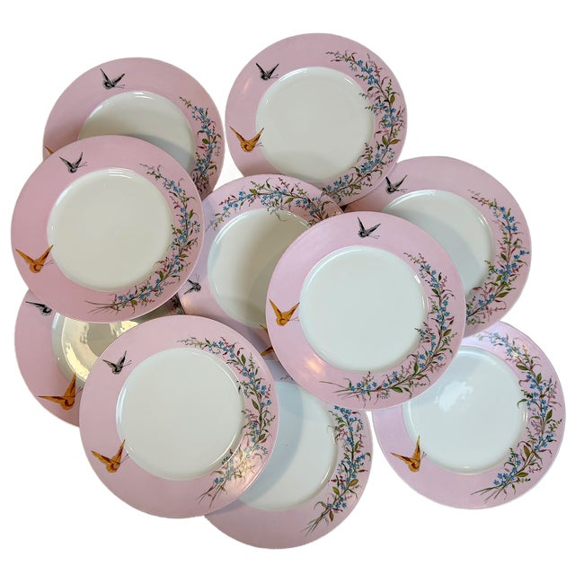 Ceramic Antique French Floral & Butterfly Pink Limoges Porcelain Dinner Plates – Set of 10 For Sale - Image 7 of 8