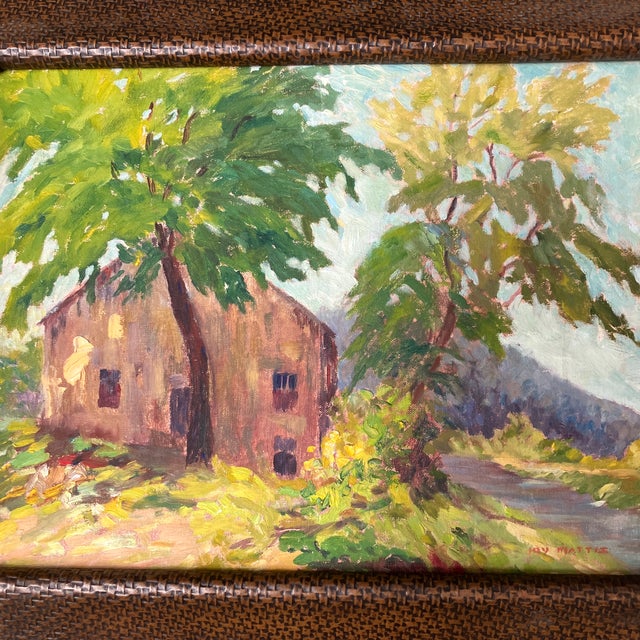 Original 12 x 16 painting on canvas board signed bottom right Overall size with House of Mercer Leather frame is 15.5 x 19.5