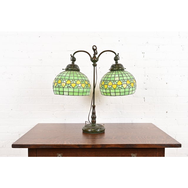Tiffany Studios Arts & Crafts Bronze Double Arm Student Lamp With Stained Leaded Glass Acorn Shades For Sale - Image 12 of 12