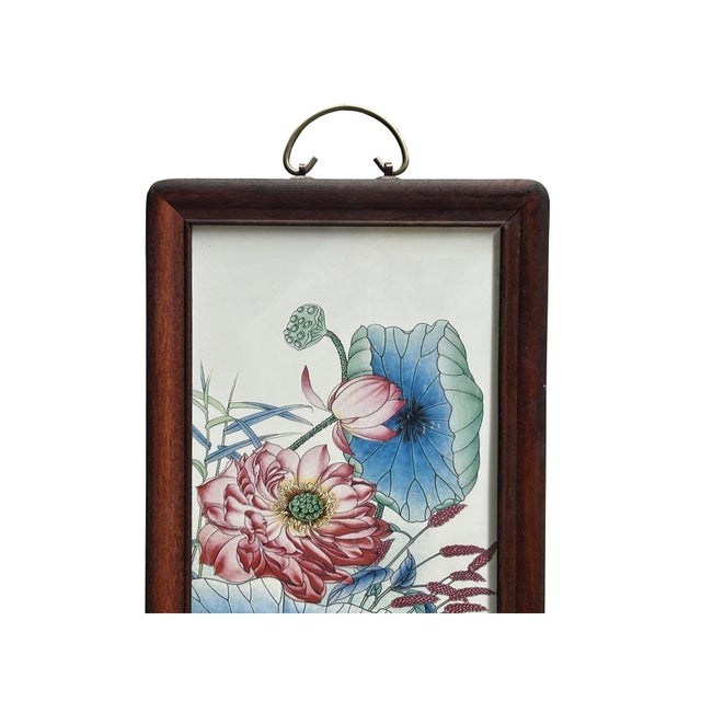 Vintage Chinese Wood Frame Porcelain Egret Lotus Wall Plaque Panel For Sale - Image 9 of 9