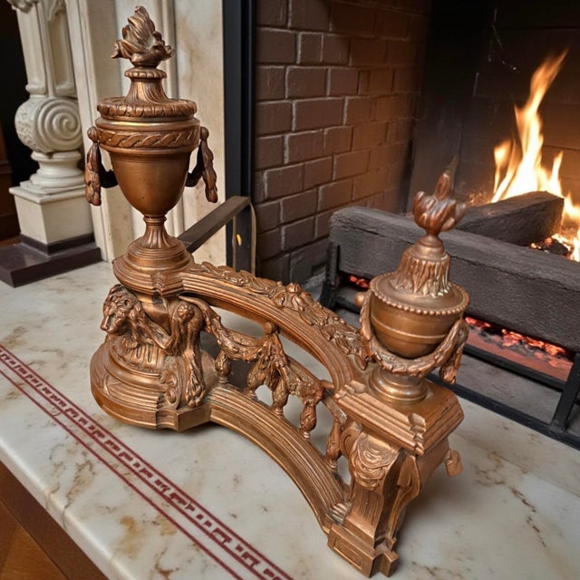 1900 - 1909 Antique French Louis XV Pair Gilt Bronze Lion Fireplace Decorative Chenets / Andirons For Sale - Image 5 of 9