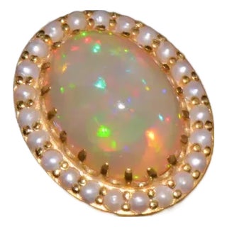 Certified Natural 13.78Cts Seed Pearl Opal Cocktail Halo Brushed 18K Solid Gold Ring, size 6.75 For Sale