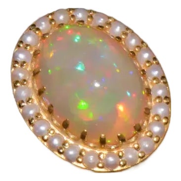 Certified Natural 13.78Cts Seed Pearl Opal Cocktail Halo Brushed 18K Solid Gold Ring, size 6.75 For Sale