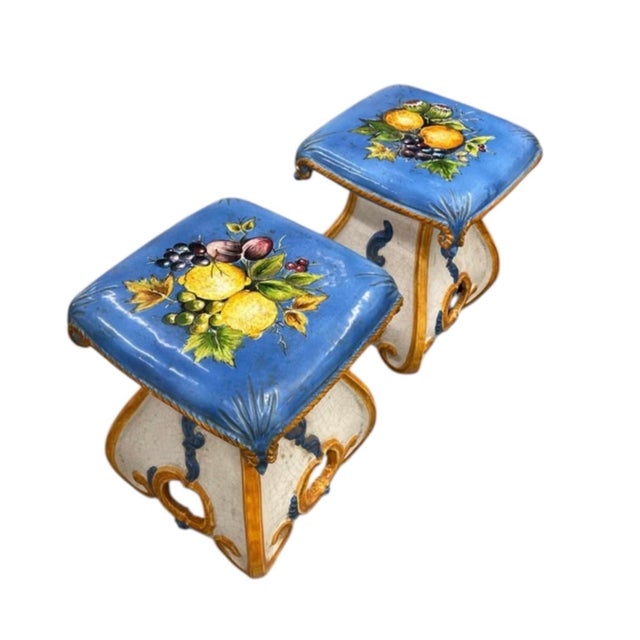Italian Pair of Vintage Italian Majolica Ceramic Fruit Motif Garden Stools For Sale - Image 3 of 12