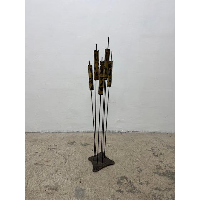 Mid-Century Modern brutalist metal tabletop or floor sculpture depicting a cluster of cattails, heavily channeling the...