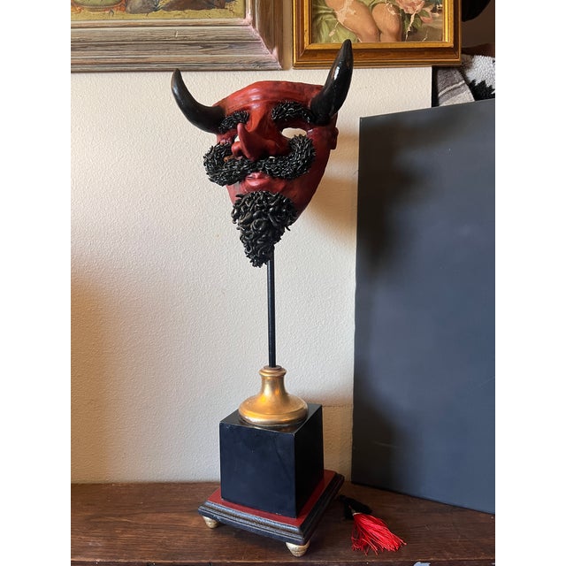 Rare Vintage Decorative Hand Carved & Painted Sculptural Display Mask Representing a Devil For Sale In Palm Springs - Image 6 of 13