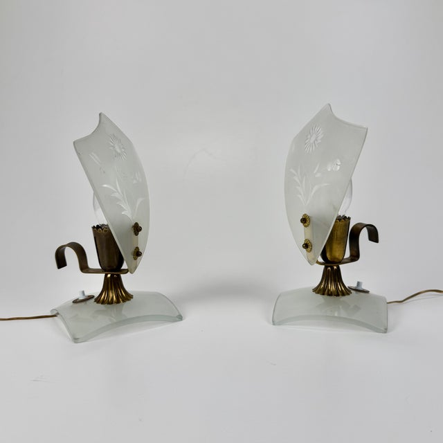 Small Italian Frosted Engraved Glass Bedside Lamps, 1940s, Set of 2, in Very Good conditions. Designed 1920 to 1949...