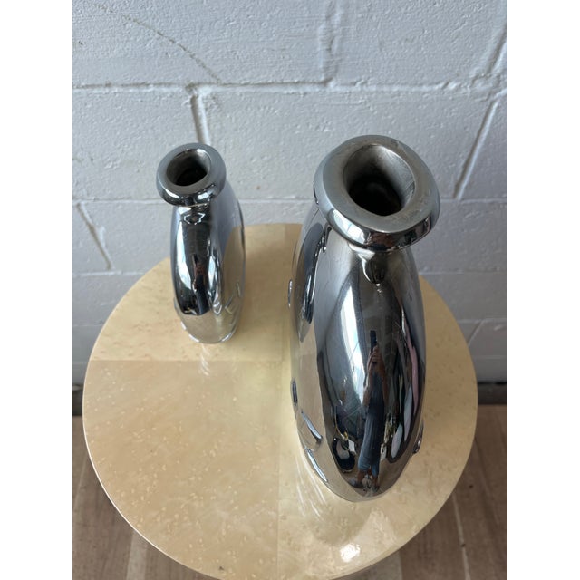 Silver Pair of Dolbi Cashier Art Deco Revival Gunmetal Metal Vases, Korea, 1980s For Sale - Image 8 of 10
