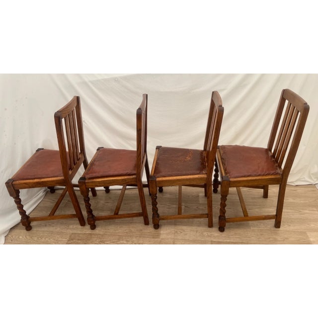 Antique Chairs Set of Four, Barley Twist Legs, Solid Oak, Brown Vinyl Seats For Sale - Image 4 of 13