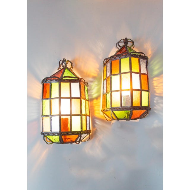 Mid-Century Modern Lead and Stained Glass Wall Sconces, 1970s, Set of 2 For Sale - Image 3 of 10