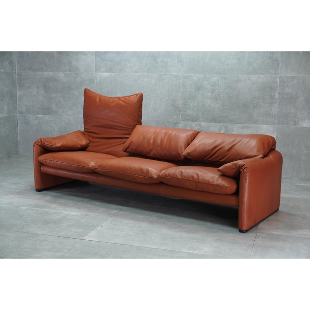 Cognac Leathered Maralunga Sofa by Vico Magistretti for Cassina, 1970s, in Restored conditions. Designed 1970 to 1979 This...