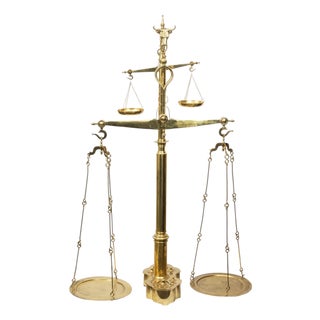 Monumental 19th C. French Brass Butcher's Balance Scale with Bull Head Finial For Sale