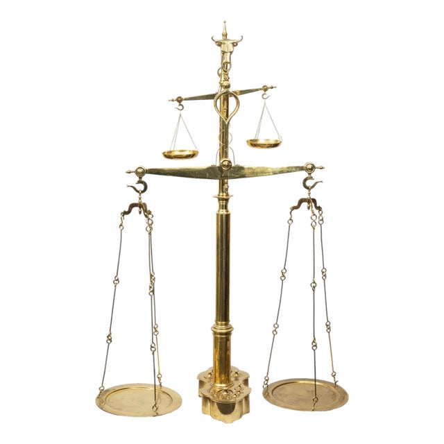 Monumental 19th C. French Brass Butcher's Balance Scale with Bull Head Finial For Sale