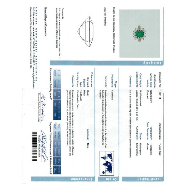 Early 20th Century AGL Certified 3.85 Ct Colombian Minor Traditional Emerald & Diamond Ring 18KYG, Size 8.75 For Sale - Image 18 of 18