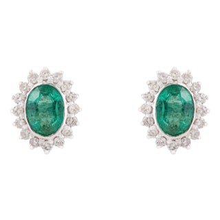 Zambian Emerald Diamond Halo Stud Earrings in 14k Gold- A Pair Gift for Mom For Sale