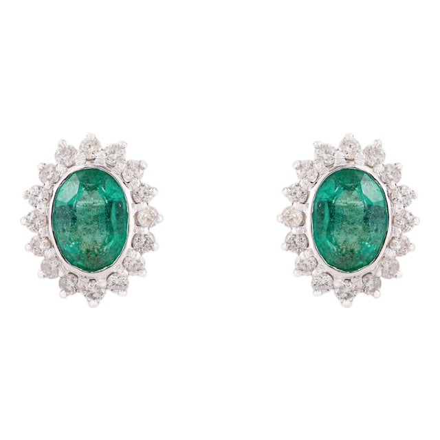 Zambian Emerald Diamond Halo Stud Earrings in 14k Gold- A Pair Gift for Mom For Sale