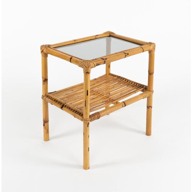 Wood Mid-Century Side Tables in Rattan, Bamboo and Smoked Glass, Italy, 1970s, Set of 2 For Sale - Image 7 of 13