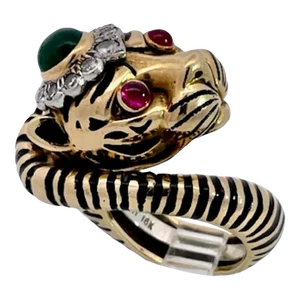 1980s David Webb Tiger Ring Ruby Eyes, Emerald Head Size 5.5