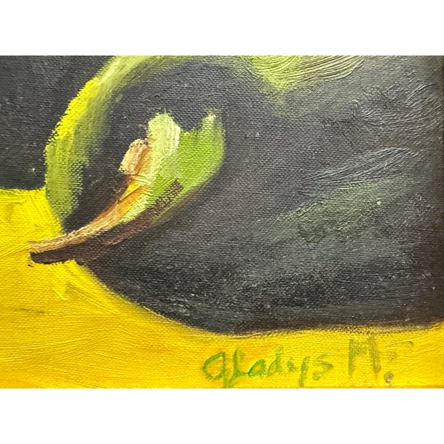 Vintage, framed oil painting of red and green peppers, signed by the artist "Gladys M.". The painting, often described in...