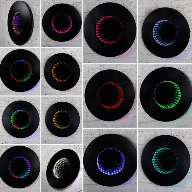 Late 20th Century Modern to Postmodern Infinity Vortex Wall Mirror Round Black Laminate Frame For Sale - Image 14 of 18