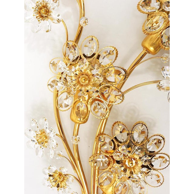 Large Gilt Brass & Crystals Flower Wall Light from Palwa, 1970s For Sale - Image 6 of 17