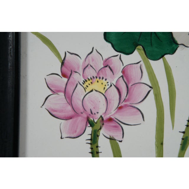 Ceramic Mid 20th Century Vintage Framed Hand Painted Porcelain Chinese Water Lily Lotus Flower Tiles For Sale - Image 7 of 9