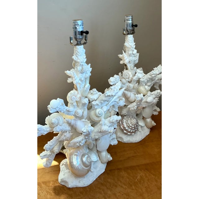 Late 20th Century Vintage Shell Encrusted Faux Coral Table Lamps - Pair For Sale - Image 5 of 12