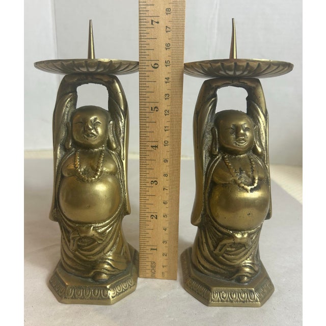 Vintage Brass Buddha Altar Candle Holders - A Pair For Sale - Image 4 of 12