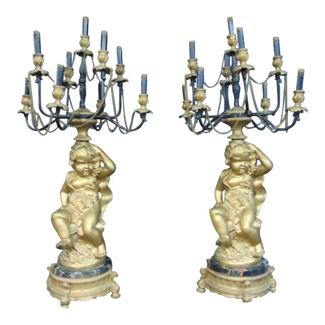 Victorian Style Gilt Metal Putti Candelabra Lamps - a Pair For Sale