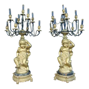 Victorian Style Gilt Metal Putti Candelabra Lamps - a Pair