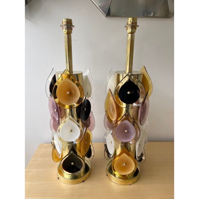 Contemporary Brass Murano Glass Flame Lamps, Italy - a Pair EU Wired For Sale - Image 13 of 13