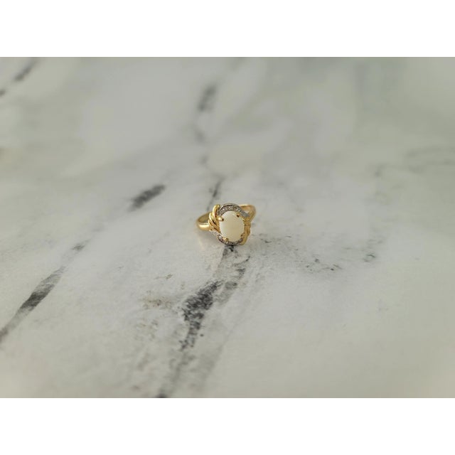 Oval Opal Ring with Diamond Accents 14k Yellow Gold, Size 4 For Sale - Image 4 of 5